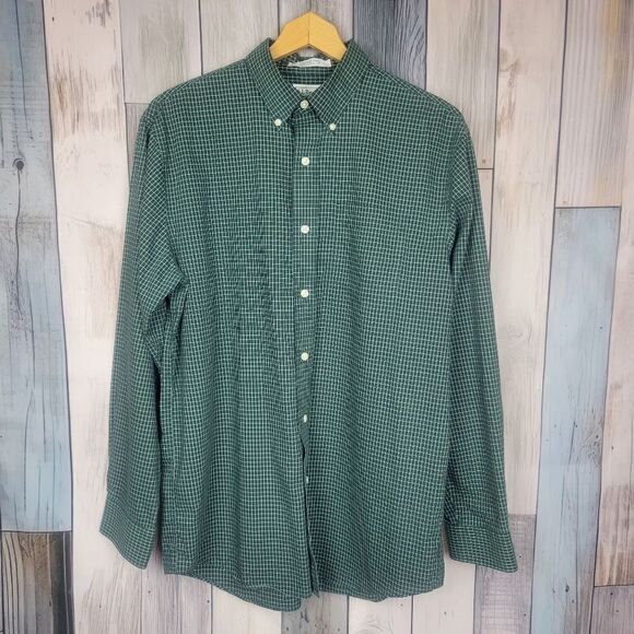 LL Bean Green White Checkered Long Sleeve Button Down Shirt Wrinkle Free Medium - Picture 1 of 5